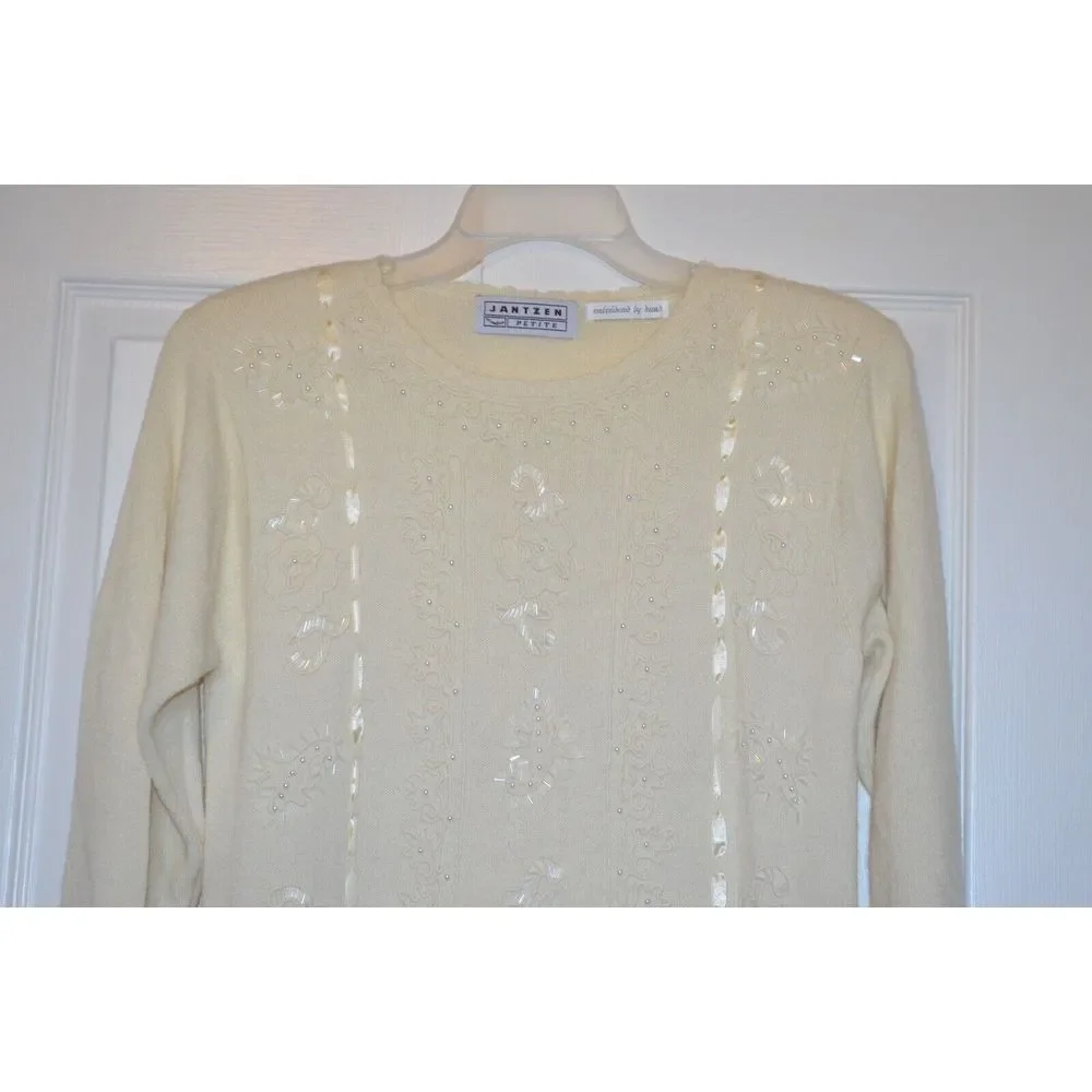 Vintage Jantzen Women's Sweater Petite M‎ Embellished w/ Beads Ribbons